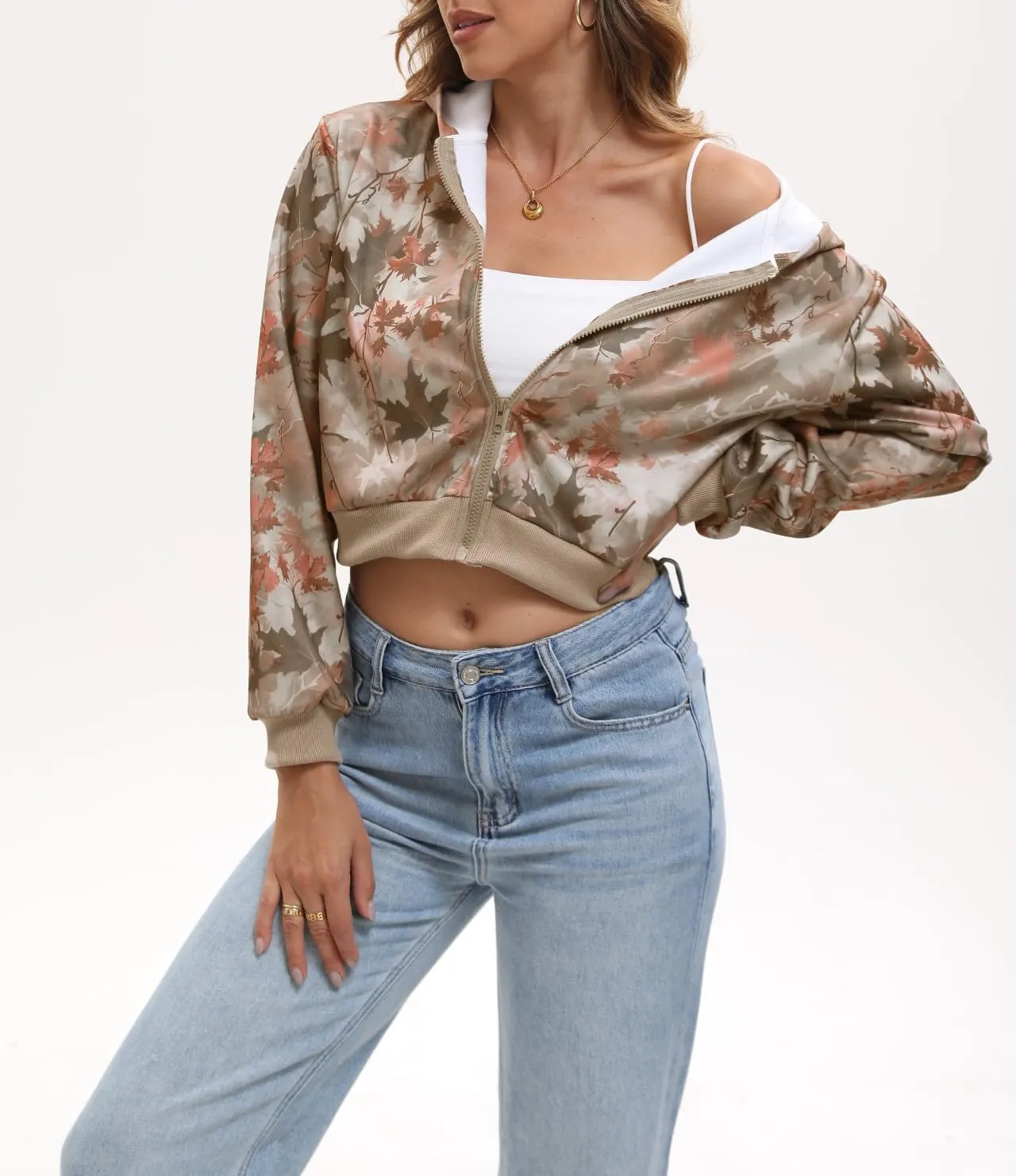 Women Y2k Maple Leaf Camo Zip Up Crop Hoodie Jacket Floral Print Fleece Hooded Sweatshirts Jumper Fall Workout