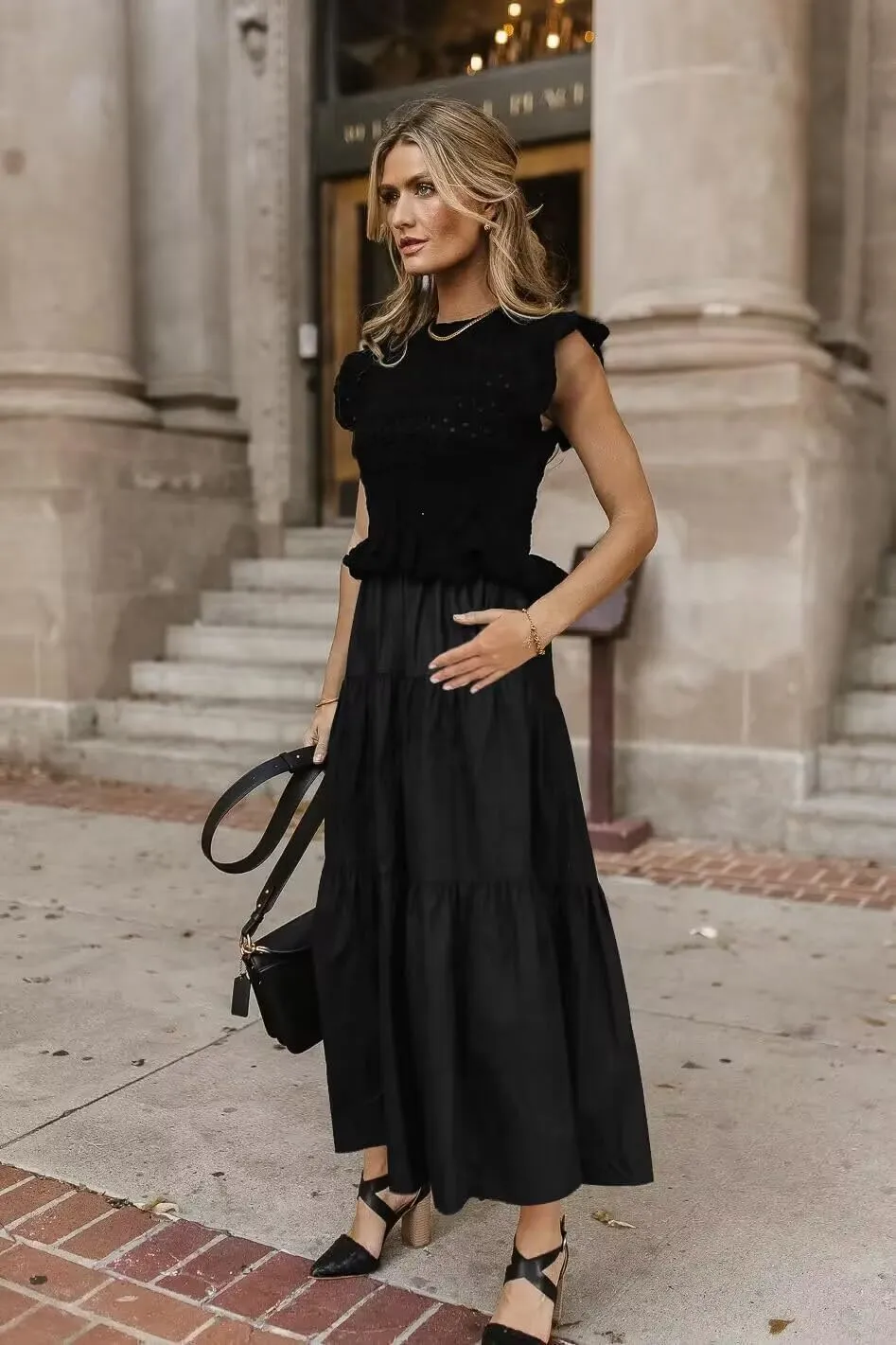 Womens 2025 Summer Causal Ruffle Sleeve Crochet Knit Tops Long Dress for Ladies Fall Trendy Tiered Dress