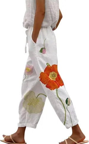 Women's Bottoms and Summer Casual Drawstring Pants Wide Leg Casual Cotton Linen Pants Work Pants Women Tummy Control