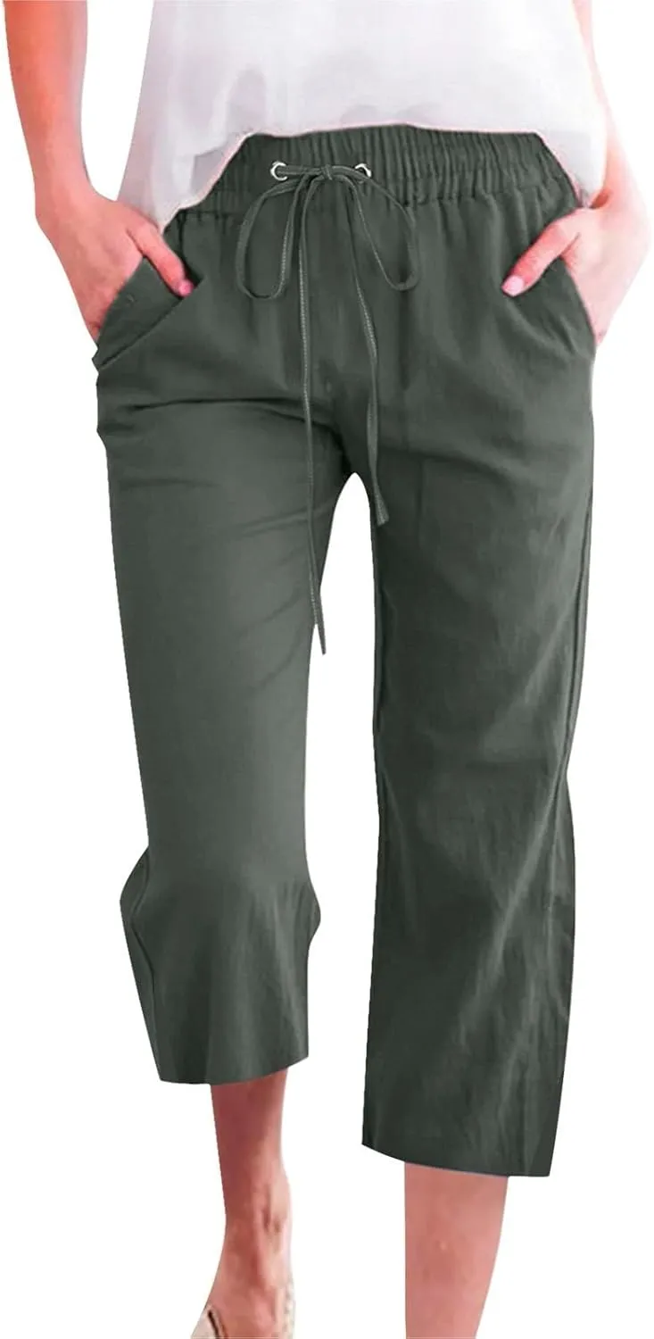 Women's Bottoms Solid Color Cotton Linen Elastic Seven Pants Beach Casual Pants Linen Summer Drawstring Waist Wide Leg