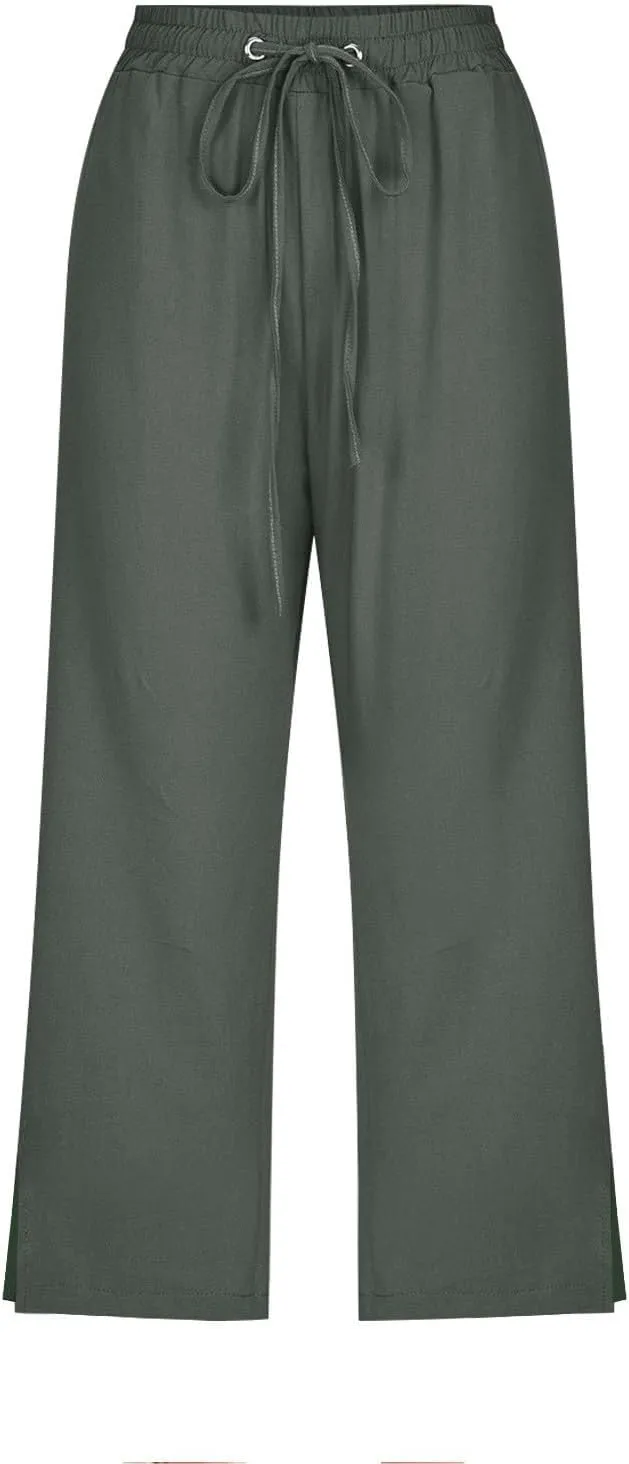 Women's Bottoms Solid Color Cotton Linen Elastic Seven Pants Beach Casual Pants Linen Summer Drawstring Waist Wide Leg