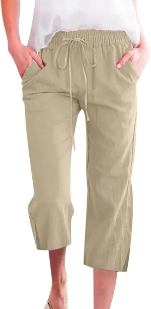 Women's Bottoms Solid Color Cotton Linen Elastic Seven Pants Beach Casual Pants Linen Summer Drawstring Waist Wide Leg