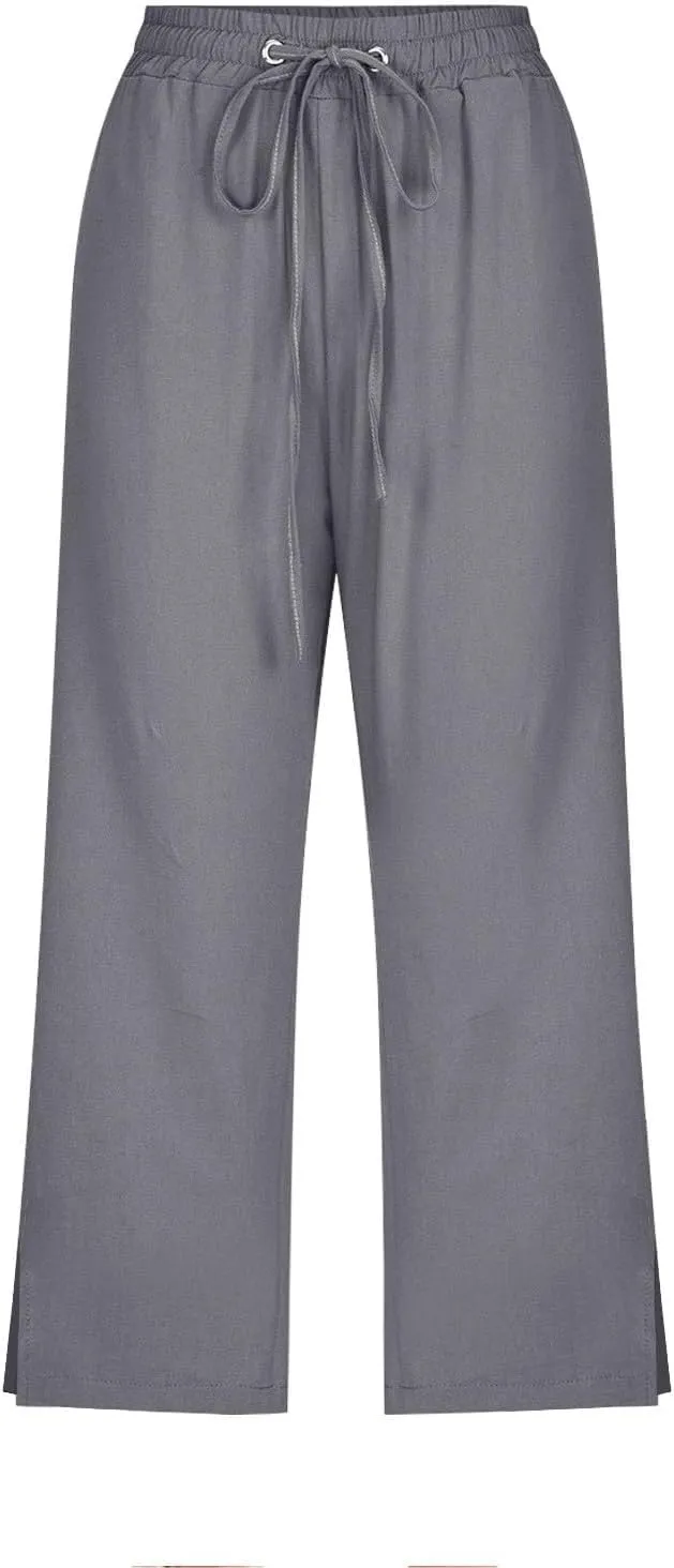 Women's Bottoms Solid Color Cotton Linen Elastic Seven Pants Beach Casual Pants Linen Summer Drawstring Waist Wide Leg