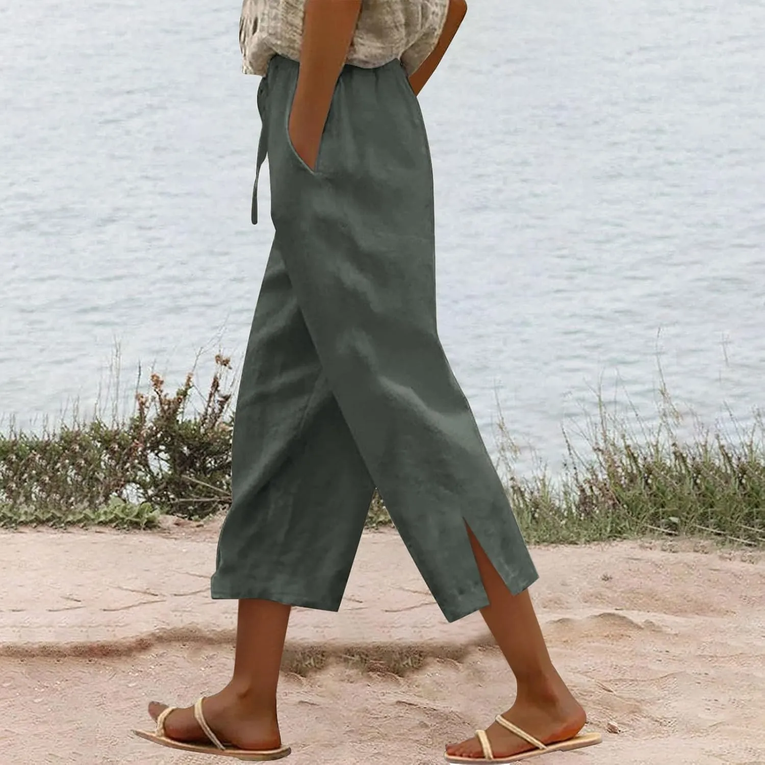 Women's Bottoms Solid Color Cotton Linen Elastic Seven Pants Beach Casual Pants Linen Summer Drawstring Waist Wide Leg