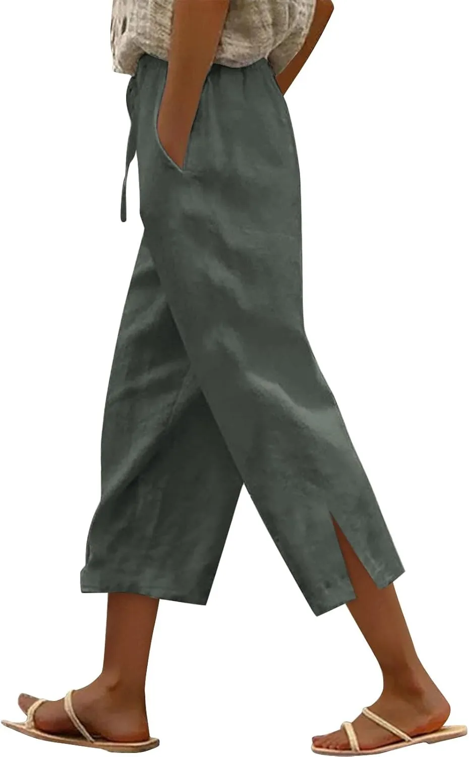 Women's Bottoms Solid Color Cotton Linen Elastic Seven Pants Beach Casual Pants Linen Summer Drawstring Waist Wide Leg