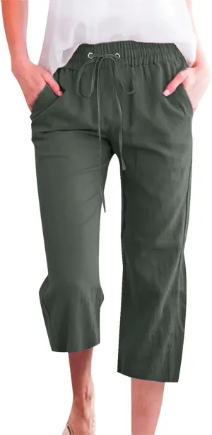 Women's Bottoms Solid Color Cotton Linen Elastic Seven Pants Beach Casual Pants Linen Summer Drawstring Waist Wide Leg