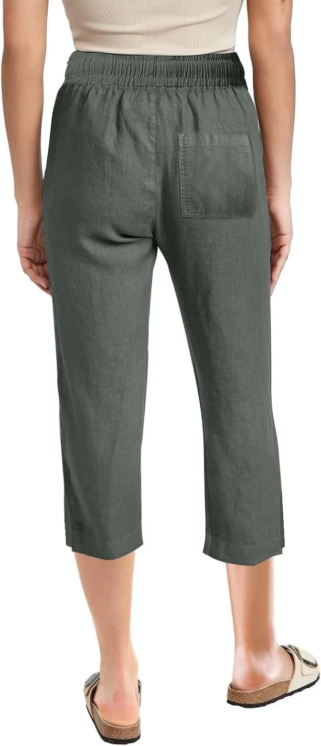 Women's Bottoms Solid Color Cotton Linen Elastic Seven Pants Beach Casual Pants Linen Summer Drawstring Waist Wide Leg