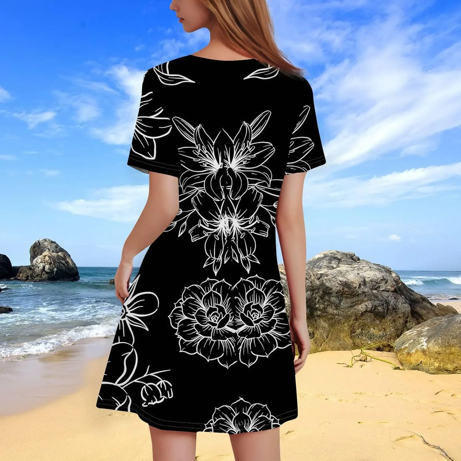 Women's Casual A-Line Dresses Summer Floral Tshirt Dress Short Sleeve Mini Dress Flowy Sundresses