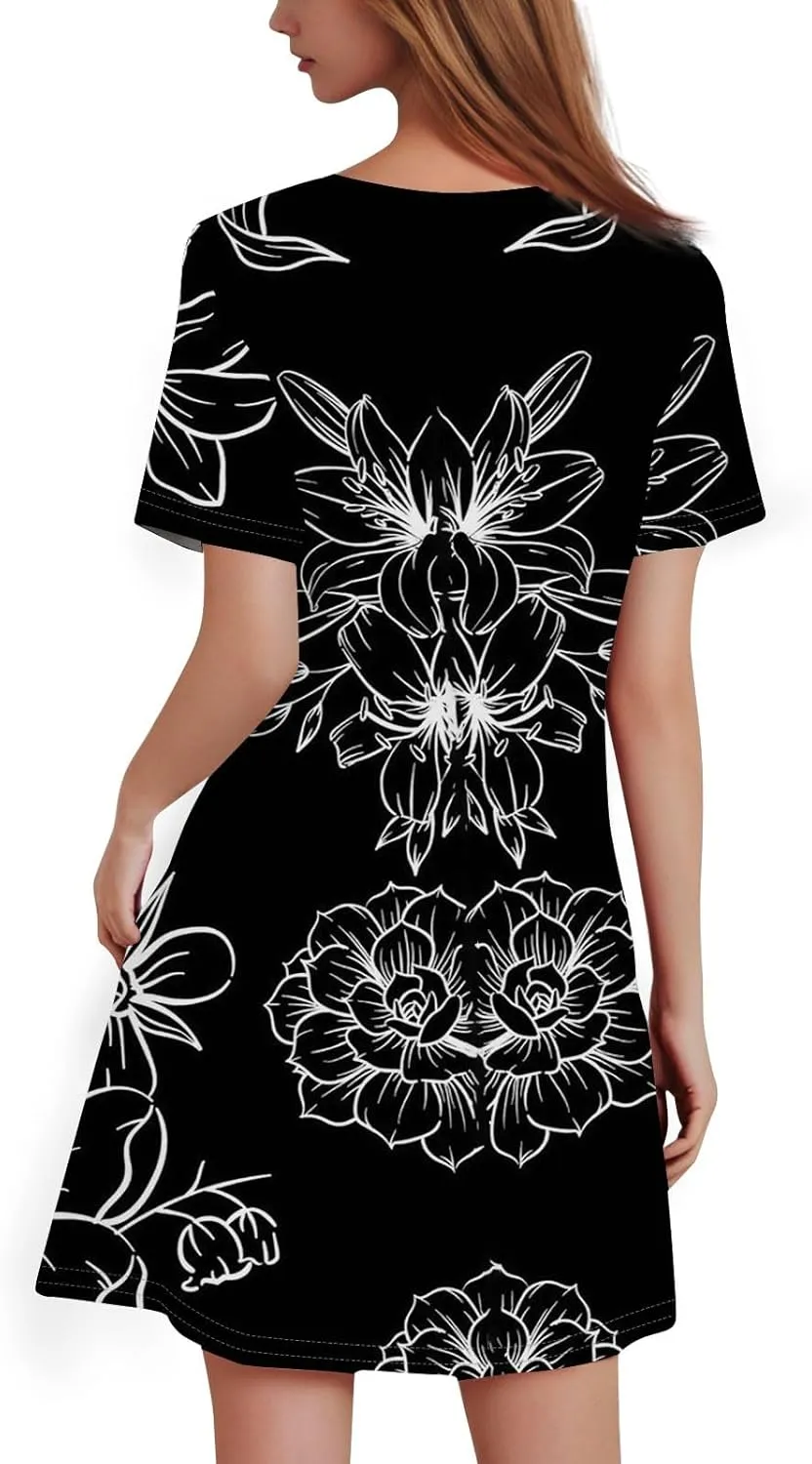 Women's Casual A-Line Dresses Summer Floral Tshirt Dress Short Sleeve Mini Dress Flowy Sundresses