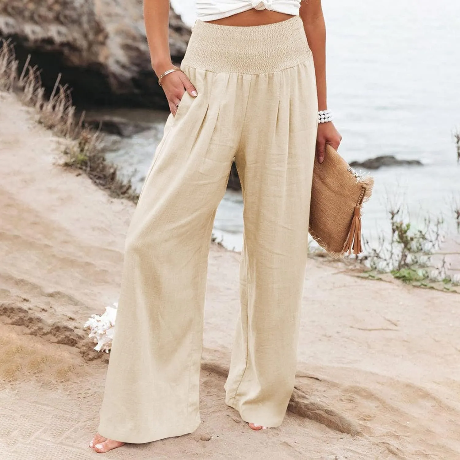 Womens Casual Cotton Linen Palazzo Pants Drawstring Elastic High Waist Wide Leg Trousers Beach Vacation Outfits