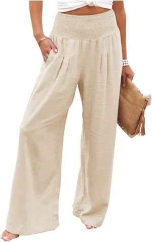 Womens Casual Cotton Linen Palazzo Pants Drawstring Elastic High Waist Wide Leg Trousers Beach Vacation Outfits