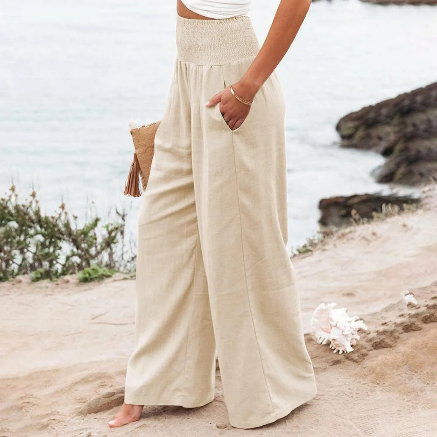 Womens Casual Cotton Linen Palazzo Pants Drawstring Elastic High Waist Wide Leg Trousers Beach Vacation Outfits