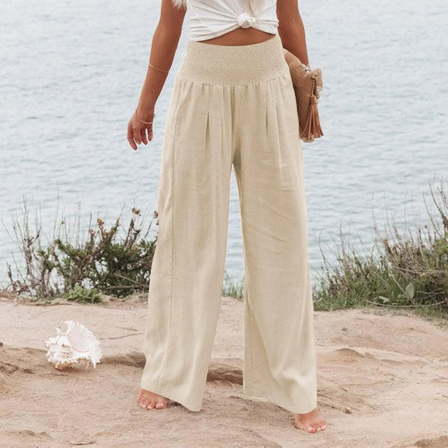 Womens Casual Cotton Linen Palazzo Pants Drawstring Elastic High Waist Wide Leg Trousers Beach Vacation Outfits