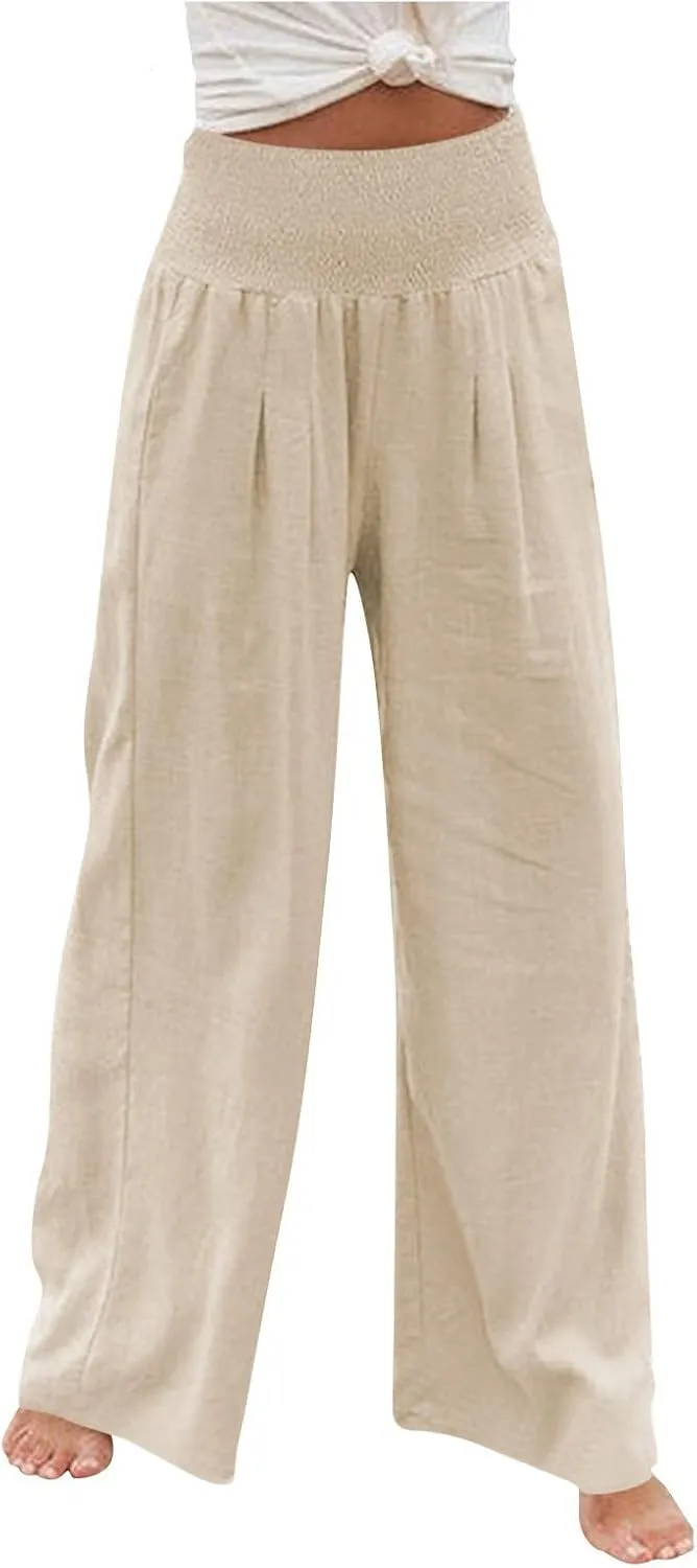 Womens Casual Cotton Linen Palazzo Pants Drawstring Elastic High Waist Wide Leg Trousers Beach Vacation Outfits