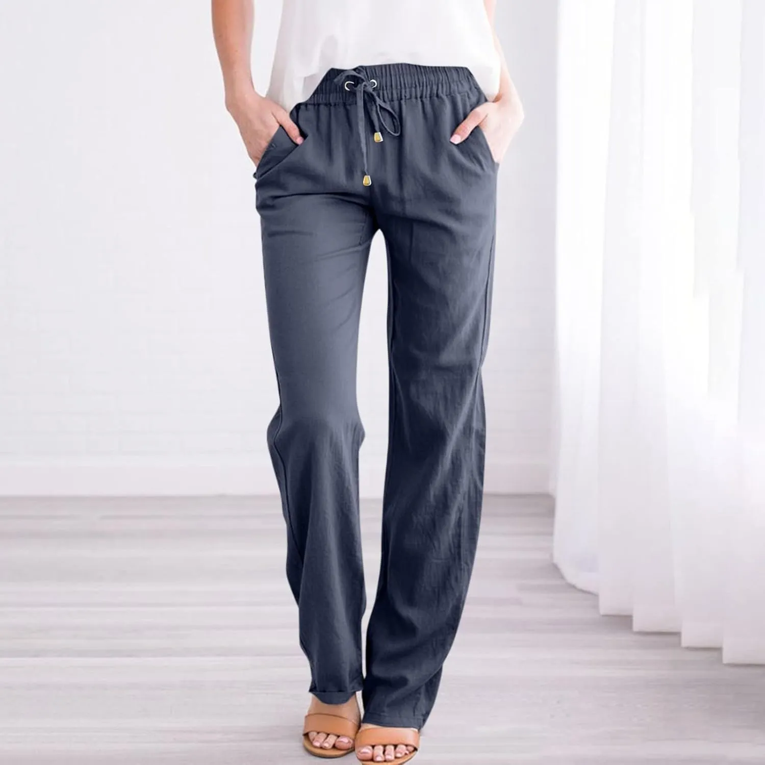 Womens Casual Cotton Linen Pants Drawstring Elastic Waist Wide Leg Trousers Beach Vacation Outfits