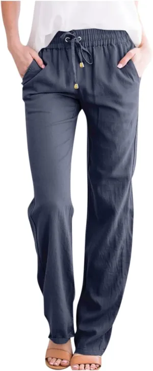 Womens Casual Cotton Linen Pants Drawstring Elastic Waist Wide Leg Trousers Beach Vacation Outfits