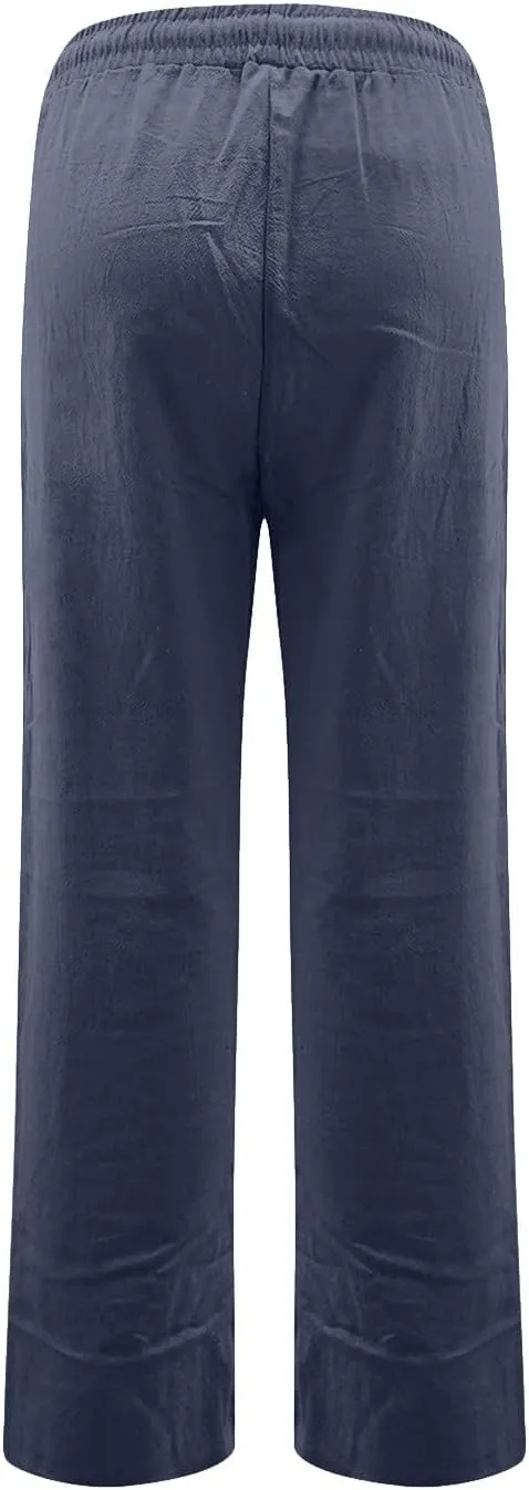 Womens Casual Cotton Linen Pants Drawstring Elastic Waist Wide Leg Trousers Beach Vacation Outfits