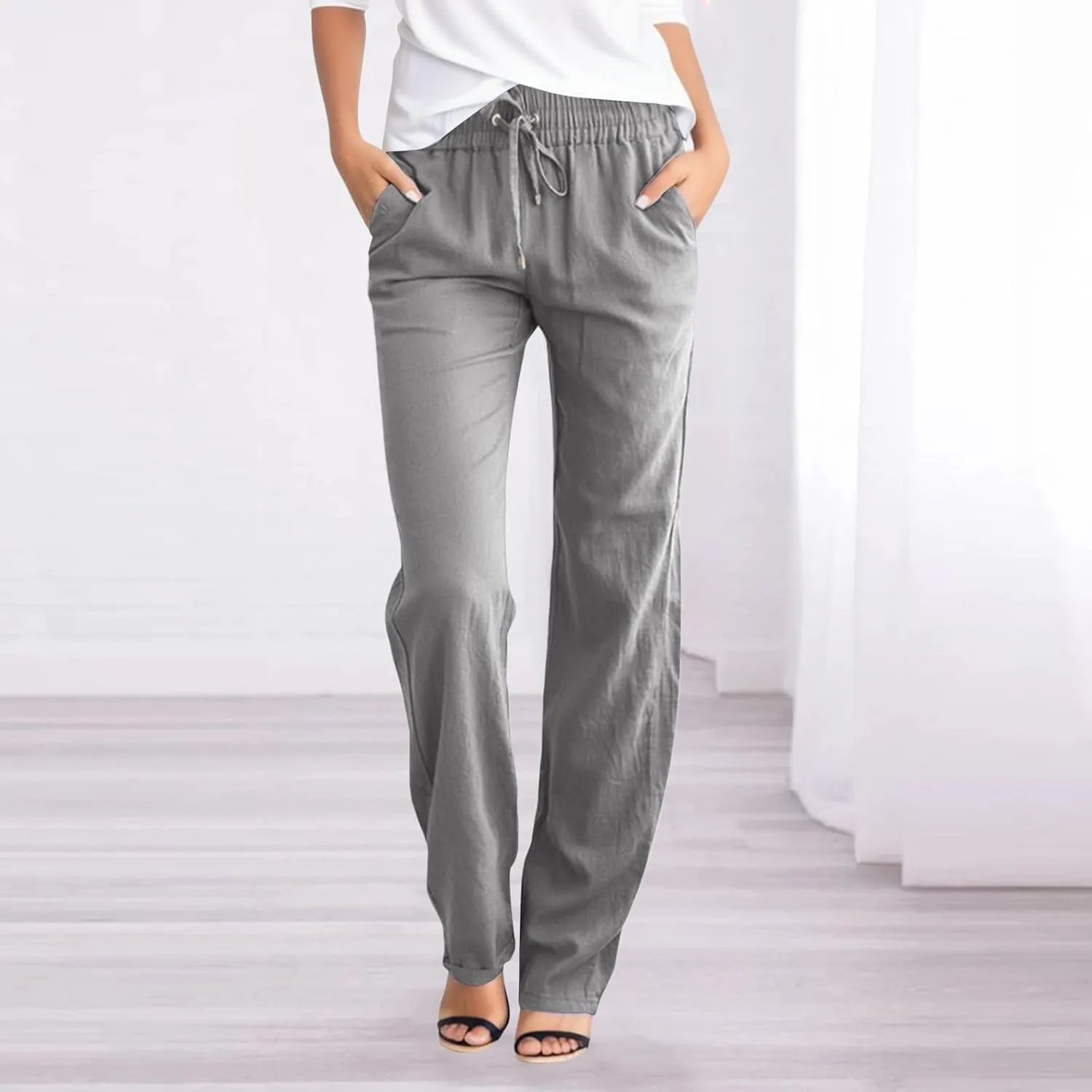 Womens Casual Linen High Waist Pants, Straight Leg Drawstring Loose Summer Holiday Solid Color Elastic Trousers Pockets