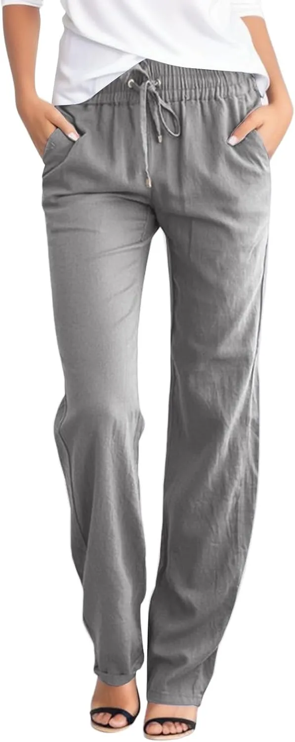 Womens Casual Linen High Waist Pants, Straight Leg Drawstring Loose Summer Holiday Solid Color Elastic Trousers Pockets