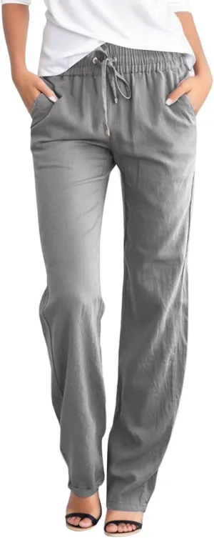 Womens Casual Linen High Waist Pants, Straight Leg Drawstring Loose Summer Holiday Solid Color Elastic Trousers Pockets