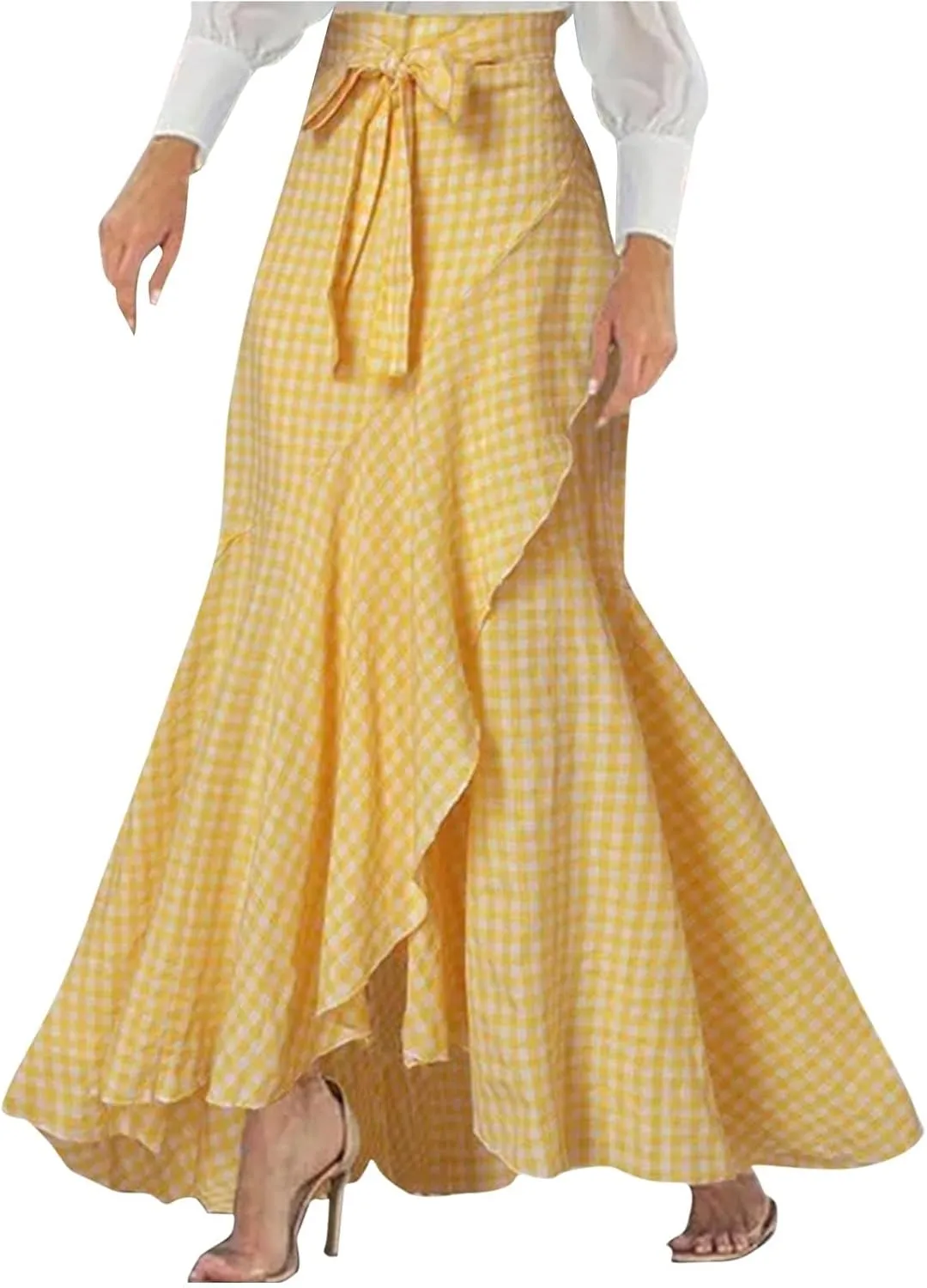 Women's Casual Plaid Mermaid Maxi Skirt A Line Irregular Ruffle Hem Fishtail Skirt Tie High Waist Long Skirt
