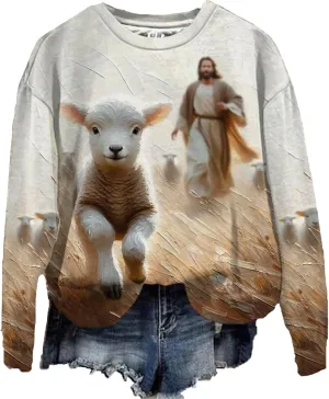 Womens Christian Sweatshirt for Women Jesus and Lost Sheep Shirt for Woman Printed Graphic Sweatshirt