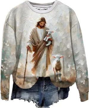 Womens Christian Sweatshirt for Women Jesus and Lost Sheep Shirt for Woman Printed Graphic Sweatshirt