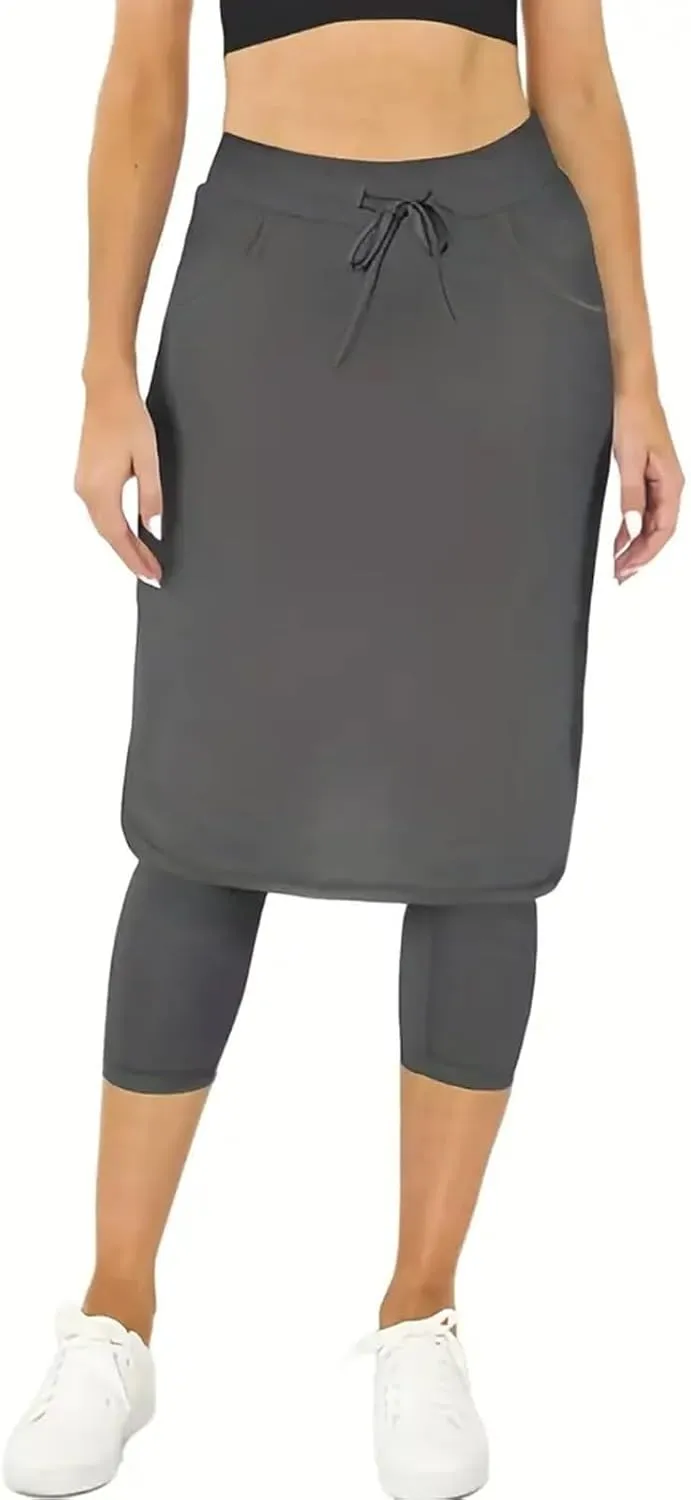 Womens Golf Skirts with Leggings, Knee Length Tennis Skorts with Pockets Stretchy Waisted Long Skorts with Yoga Pants