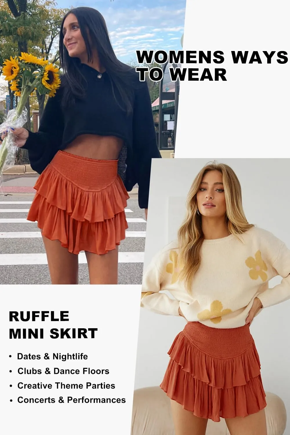 Women's High Waist Ruffle Mini Skirt Cute Tiered Short Skirt with Shorts Underneath