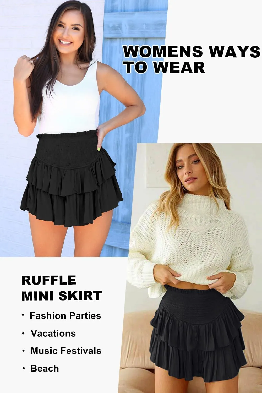 Women's High Waist Ruffle Mini Skirt Cute Tiered Short Skirt with Shorts Underneath
