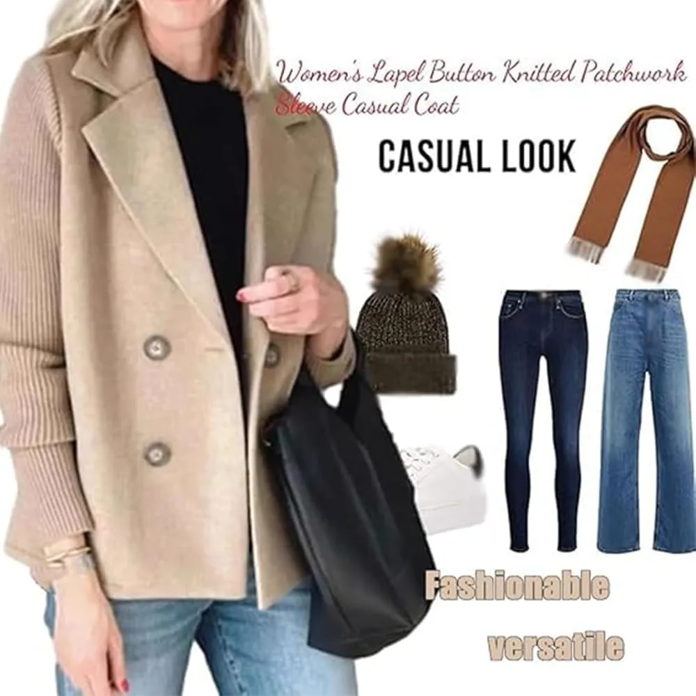 Women's Lapel Button Knitted Patchwork Sleeve Casual Coat Cropped,Women's Patchwork Double Breasted Blazer Sweater