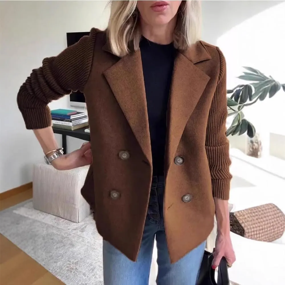 Women's Lapel Button Knitted Patchwork Sleeve Casual Coat Cropped,Women's Patchwork Double Breasted Blazer Sweater