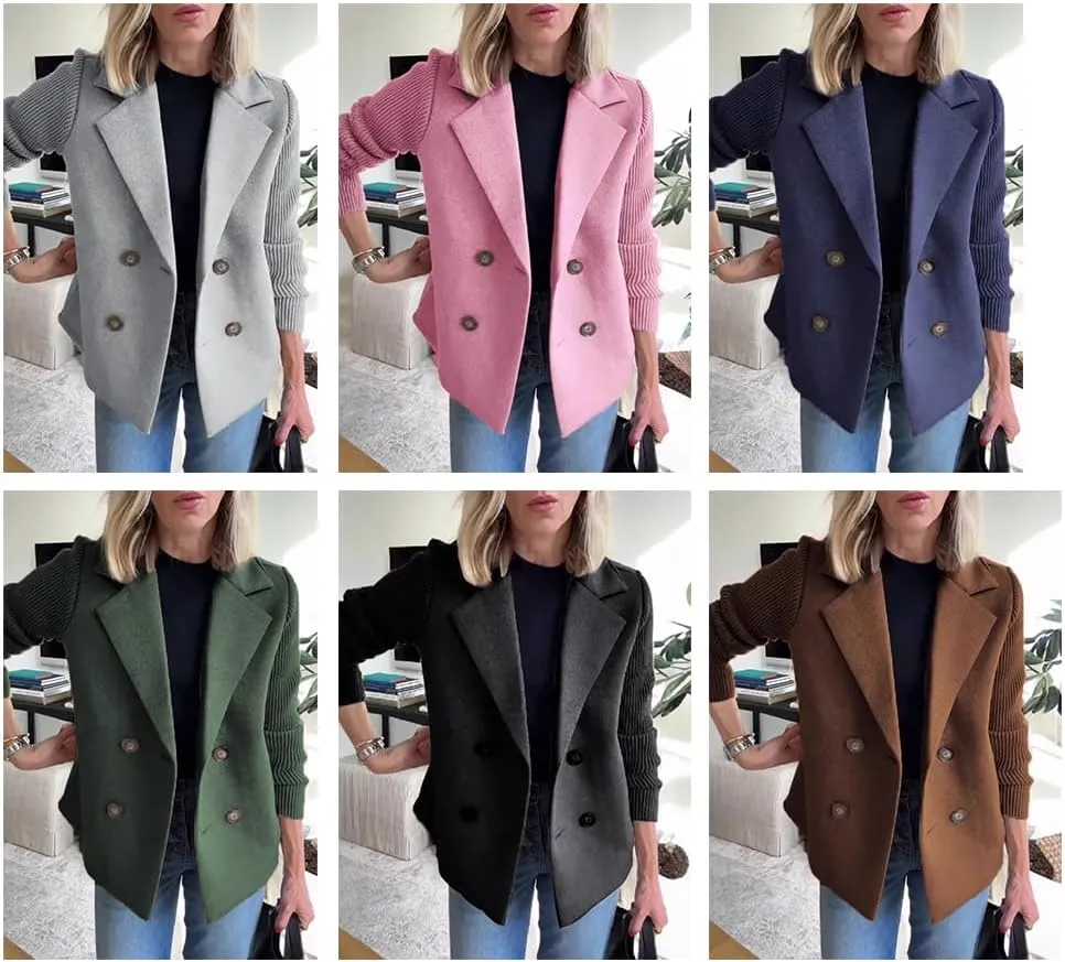 Women's Lapel Button Knitted Patchwork Sleeve Casual Coat Cropped,Women's Patchwork Double Breasted Blazer Sweater