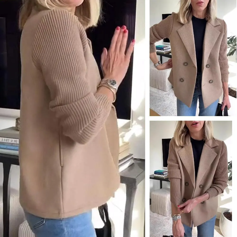 Women's Lapel Button Knitted Patchwork Sleeve Casual Coat Cropped,Women's Patchwork Double Breasted Blazer Sweater