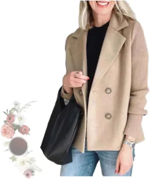 Women's Lapel Button Knitted Patchwork Sleeve Casual Coat Cropped,Women's Patchwork Double Breasted Blazer Sweater