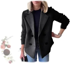 Women's Lapel Button Knitted Patchwork Sleeve Casual Coat Cropped,Women's Patchwork Double Breasted Blazer Sweater