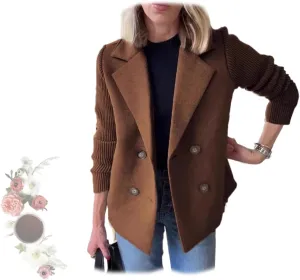 Women's Lapel Button Knitted Patchwork Sleeve Casual Coat Cropped,Women's Patchwork Double Breasted Blazer Sweater