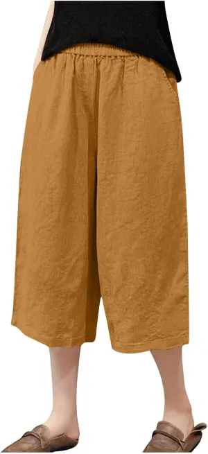 Women's Linen Capri Pants Loose High Waisted Trouser Cropped Casual Wide Leg Drawstring Pants with Pockets 2025