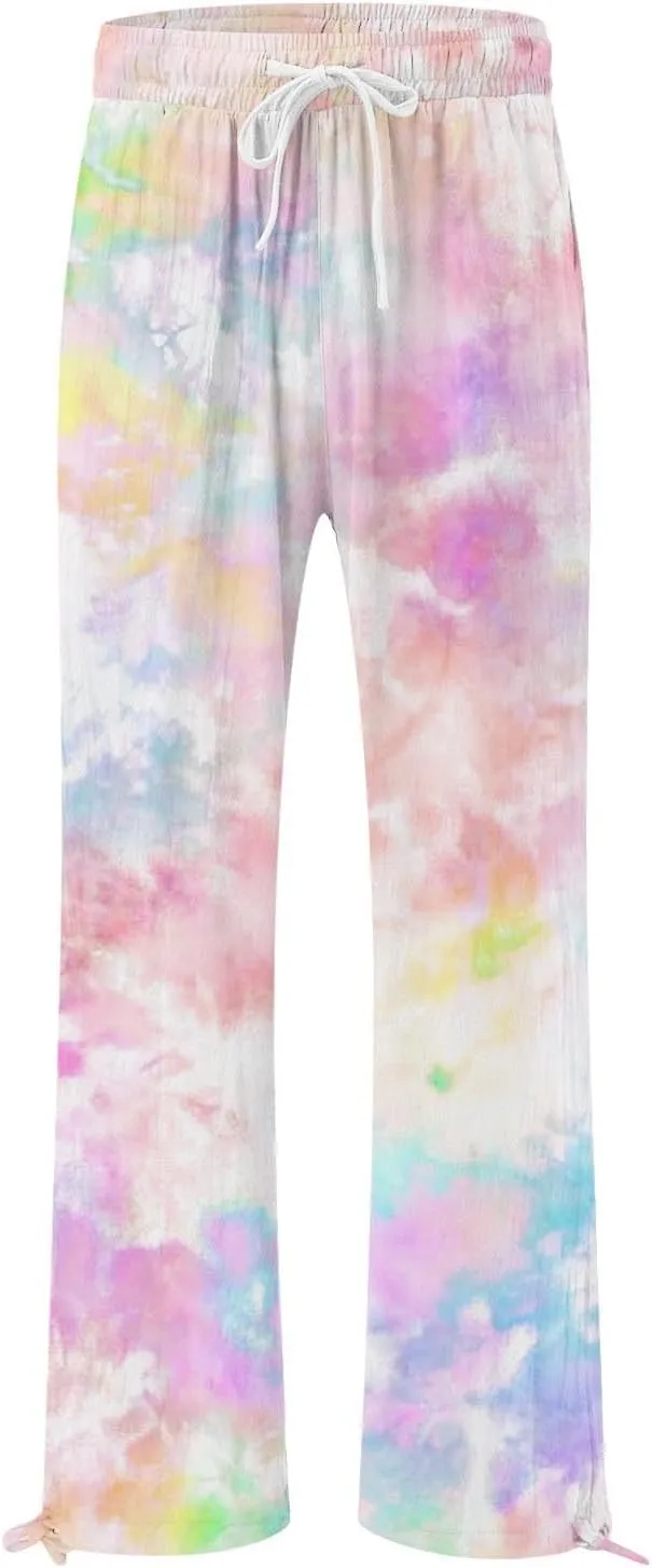 Women's Linen Palazzo Pants Casual Wide Leg Retro Printed Slacks Elastic Waist Drawstring Flowy Trousers with Pockets