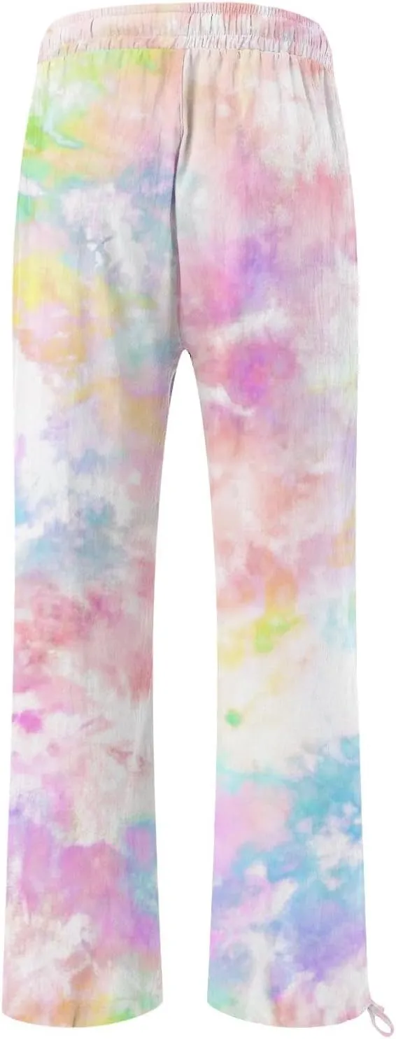 Women's Linen Palazzo Pants Casual Wide Leg Retro Printed Slacks Elastic Waist Drawstring Flowy Trousers with Pockets