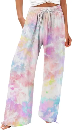 Women's Linen Palazzo Pants Casual Wide Leg Retro Printed Slacks Elastic Waist Drawstring Flowy Trousers with Pockets