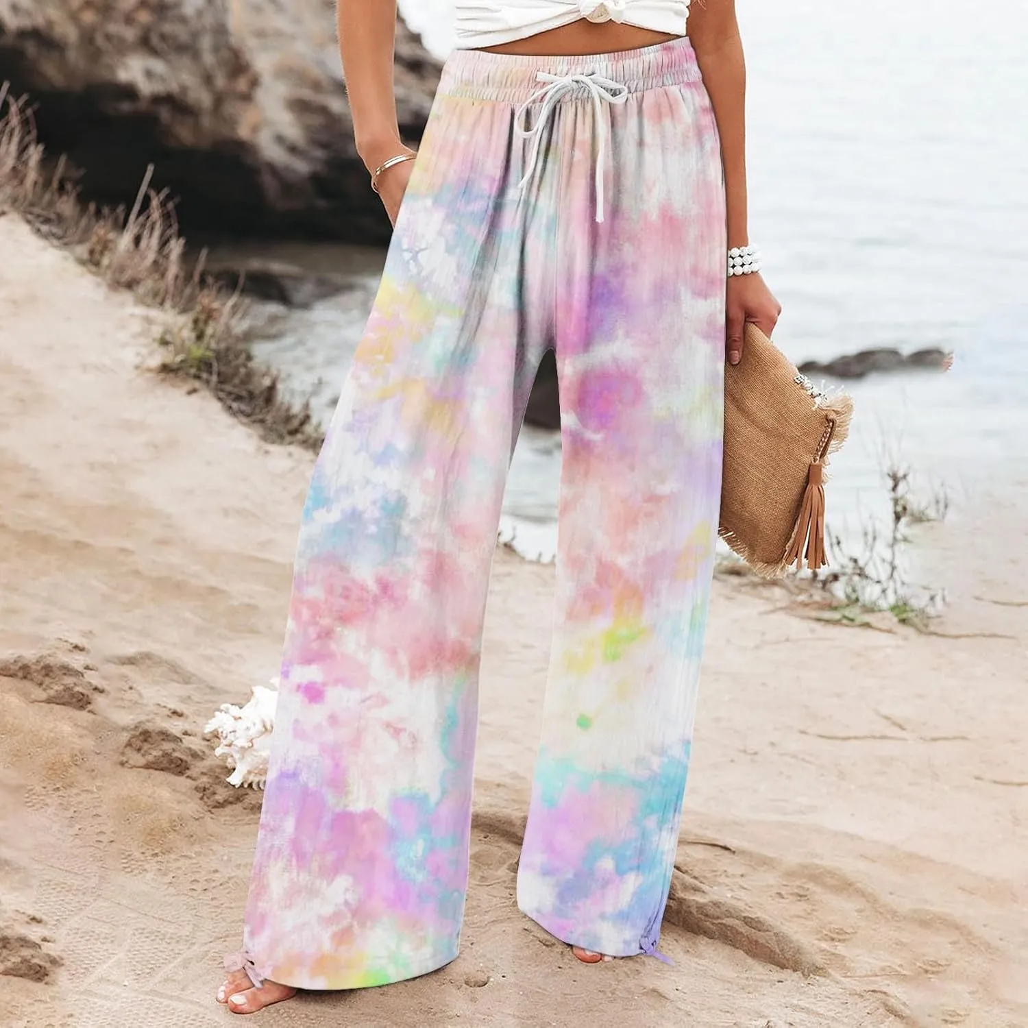 Women's Linen Palazzo Pants Casual Wide Leg Retro Printed Slacks Elastic Waist Drawstring Flowy Trousers with Pockets