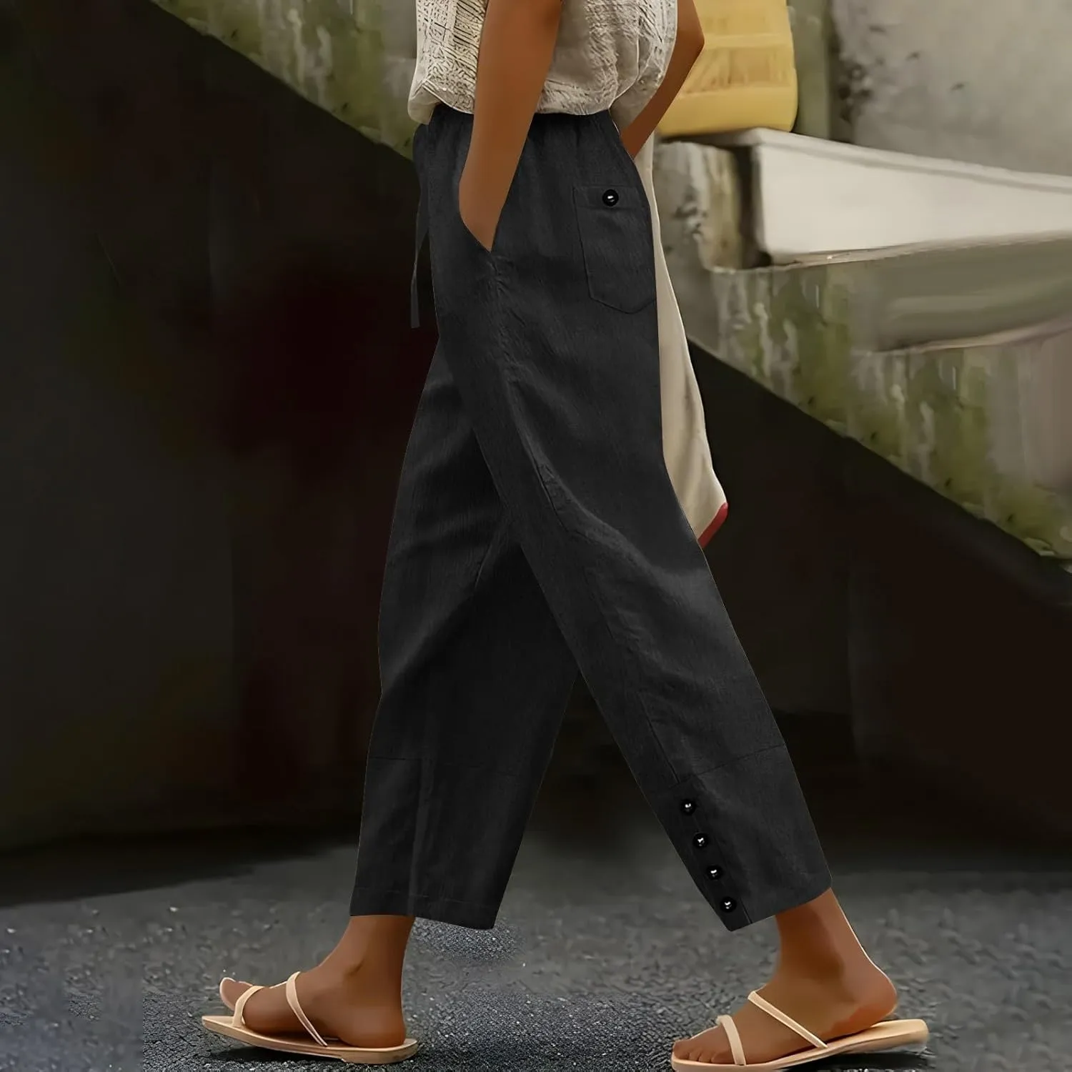 Womens Linen Pants 2025 Summer Lightweight Flowy Wide Leg Pants Loose Casual High Waist Trousers with Pocket