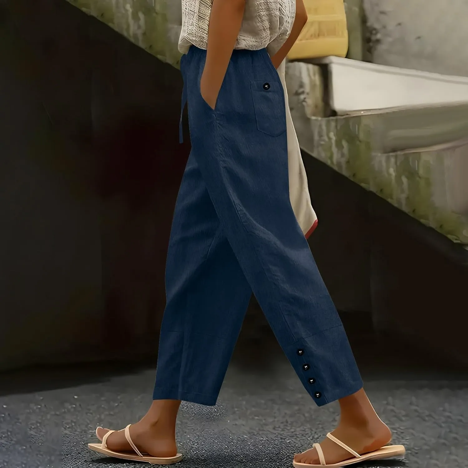 Womens Linen Pants 2025 Summer Lightweight Flowy Wide Leg Pants Loose Casual High Waist Trousers with Pocket
