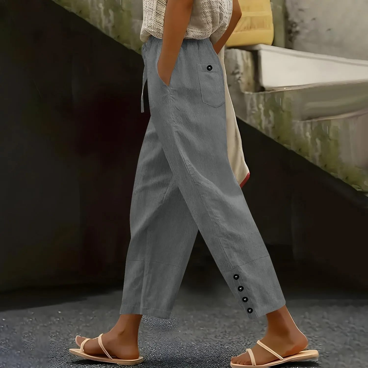 Womens Linen Pants 2025 Summer Lightweight Flowy Wide Leg Pants Loose Casual High Waist Trousers with Pocket