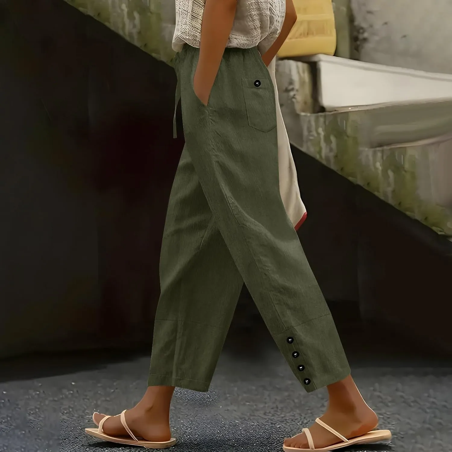 Womens Linen Pants 2025 Summer Lightweight Flowy Wide Leg Pants Loose Casual High Waist Trousers with Pocket