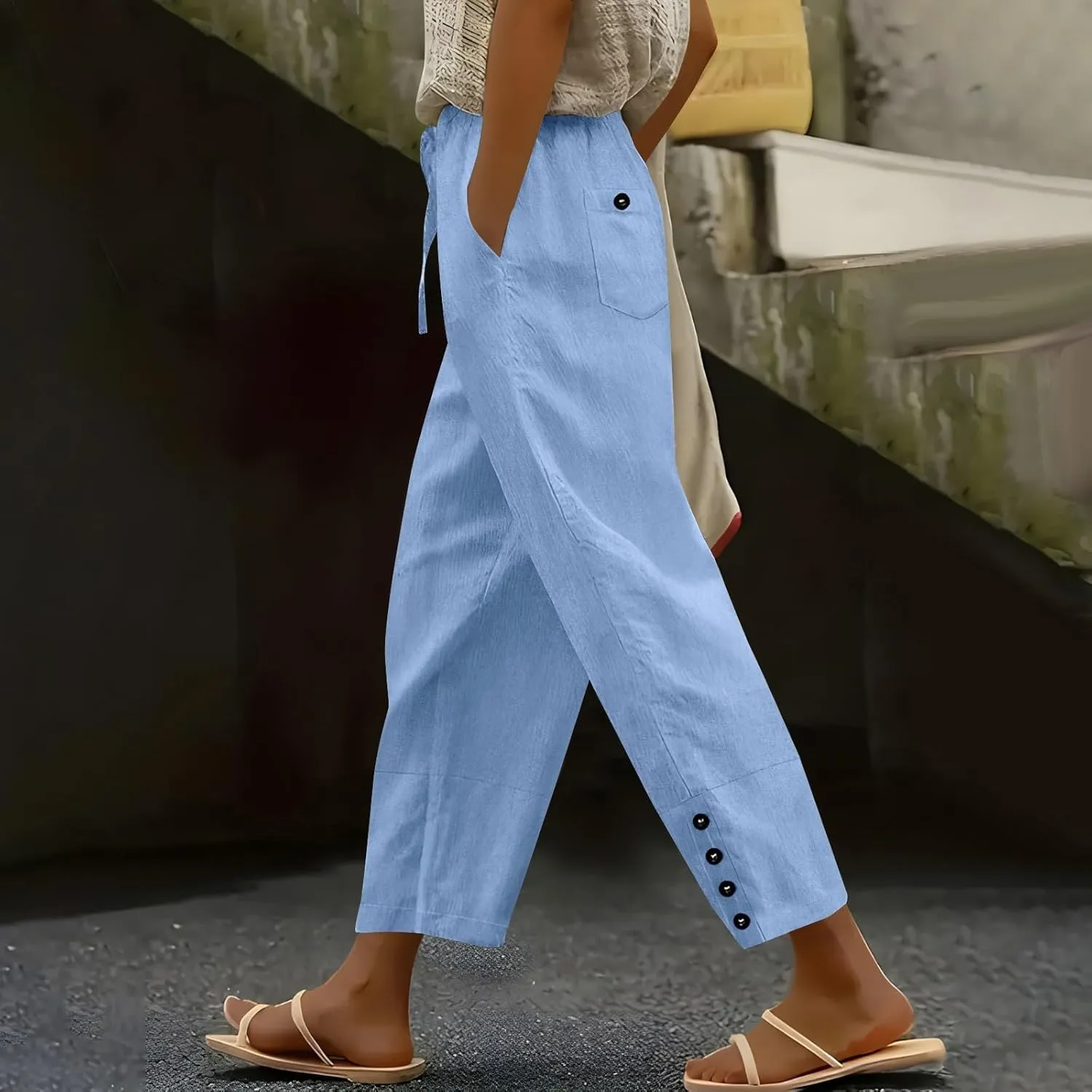 Womens Linen Pants 2025 Summer Lightweight Flowy Wide Leg Pants Loose Casual High Waist Trousers with Pocket