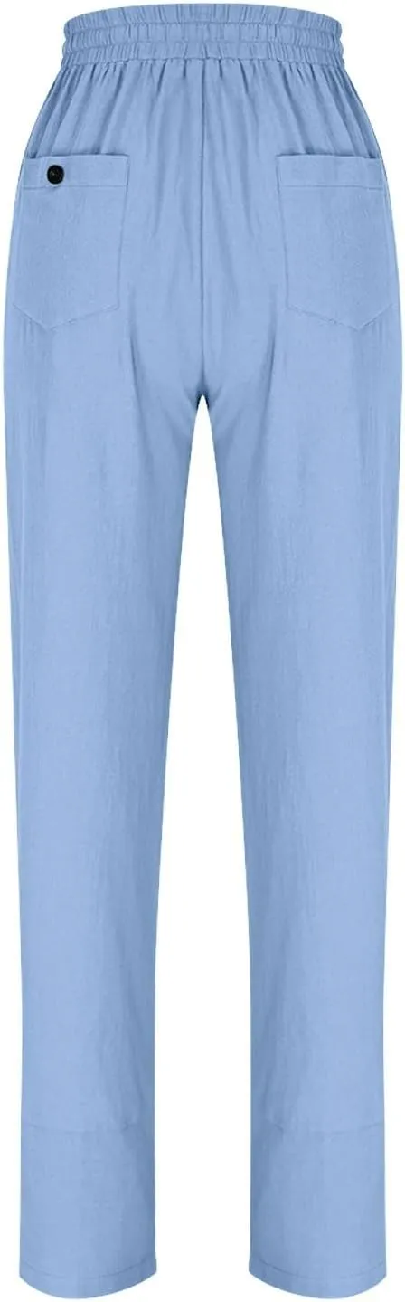 Womens Linen Pants 2025 Summer Lightweight Flowy Wide Leg Pants Loose Casual High Waist Trousers with Pocket