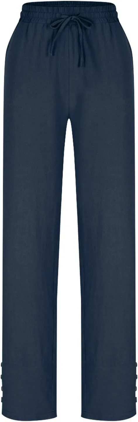 Womens Linen Pants 2025 Summer Lightweight Flowy Wide Leg Pants Loose Casual High Waist Trousers with Pocket
