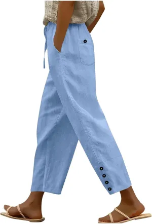 Womens Linen Pants 2025 Summer Lightweight Flowy Wide Leg Pants Loose Casual High Waist Trousers with Pocket